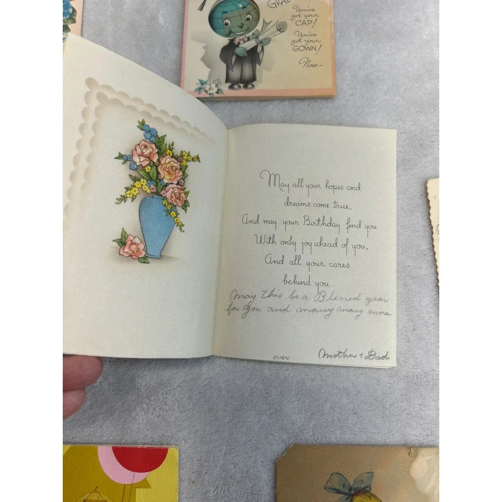 Vintage Greeting Card Lot 9 Mid Century Birthday Graduation Baby Kitsch Retro